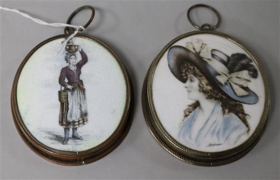 Two oval plaques set in metal frames, early 20th century French